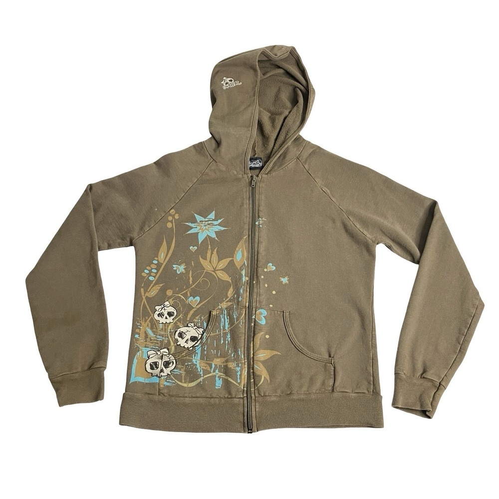 Y2K MSR Skull Hoodie Sweatshirt‎ Juniors L Brown Streetwear Grunge Mall Goth Alt